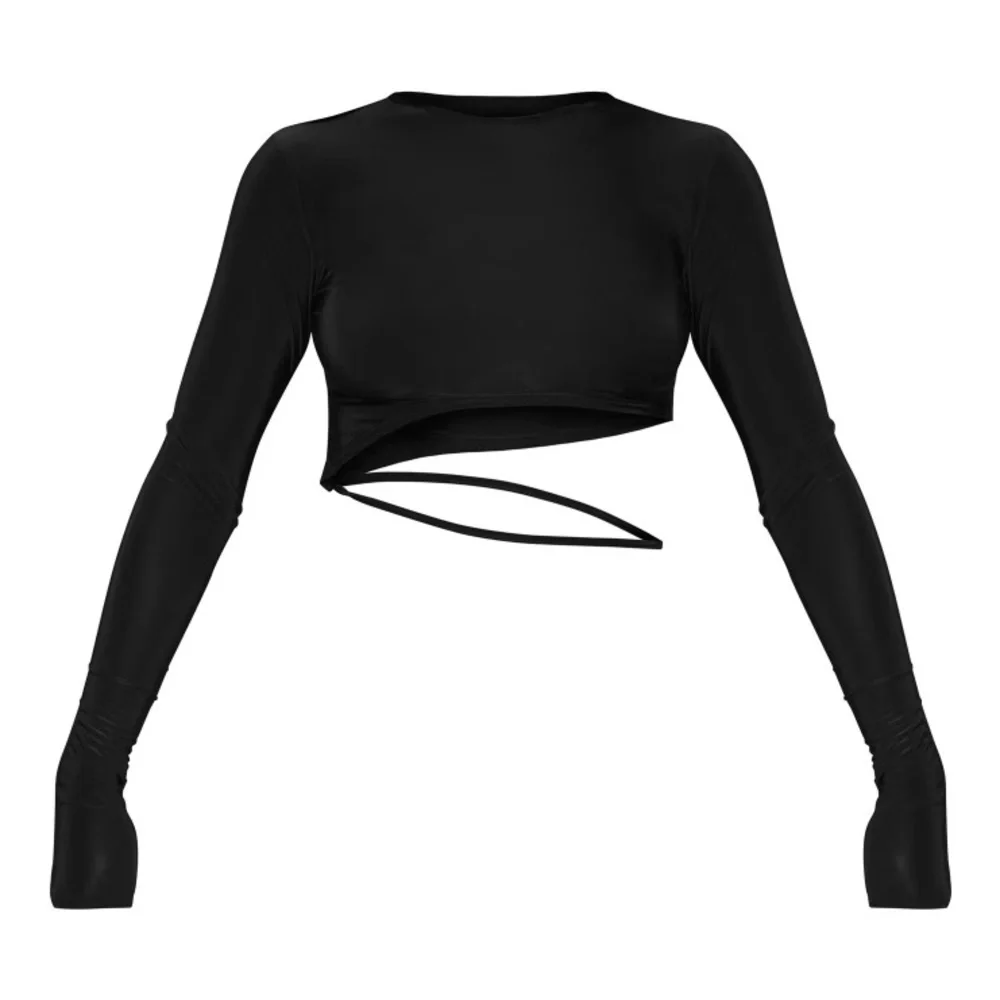 Pretty Little Thing Black Slinky Long Sleeve Crop Top Size 6